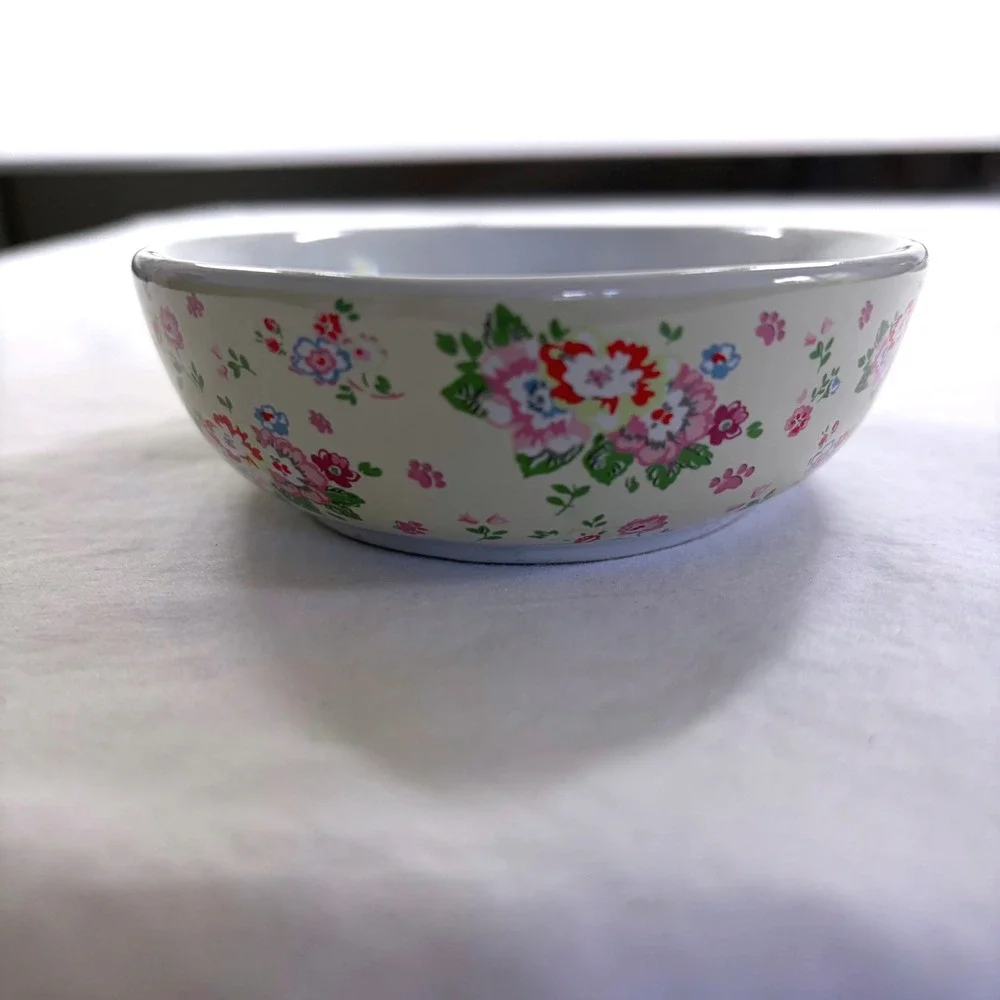Floral Ceramic Pet Bowls Set of 2 Oval Shallow Cat Dog Dishes Cream Pink Blue